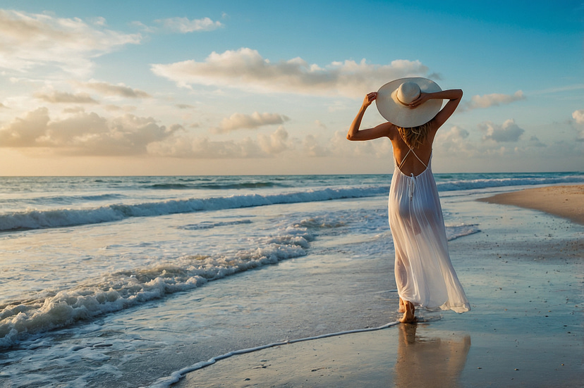 Zonnebrand koraalvriendelijk vrouw aan het strand
